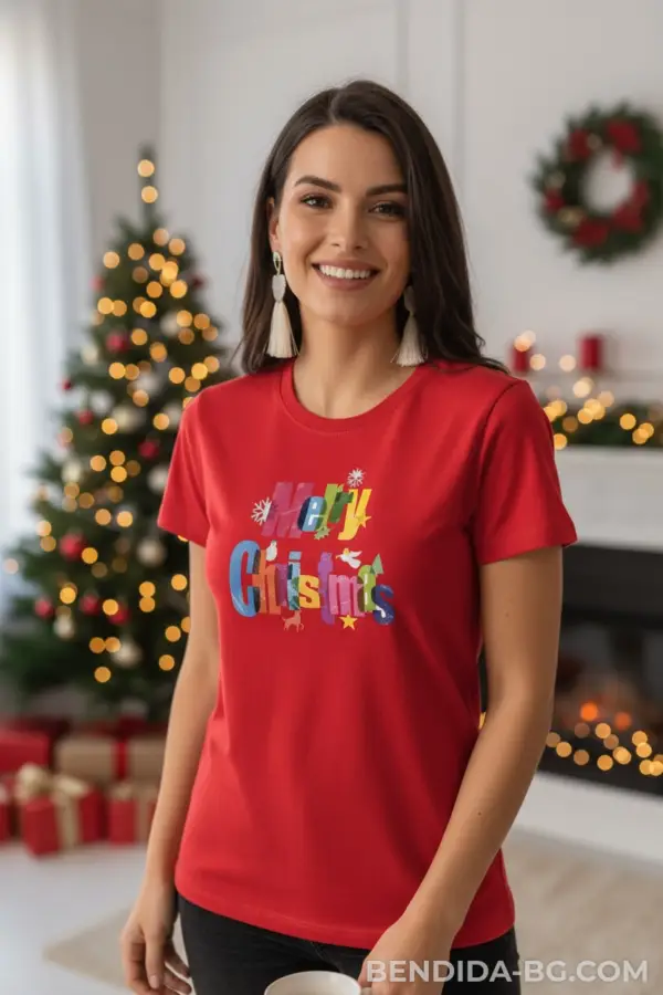 1761658765962530.png Коледна дамска червена тениска с надпис “Merry Christmas“