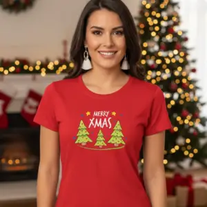 Коледна дамска червена тениска с надпис “Merry Xmas“ и елхички