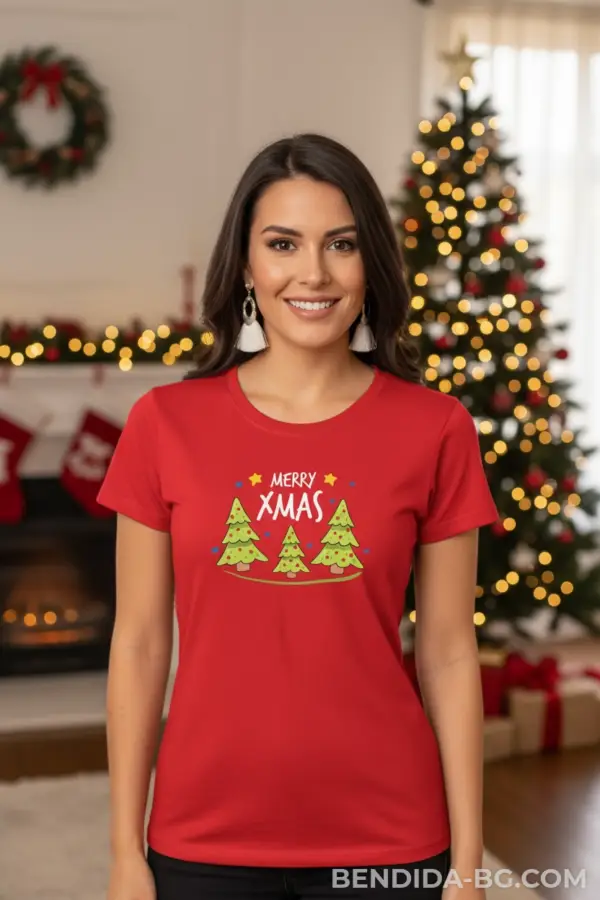 Коледна дамска червена тениска с надпис “Merry Xmas“ и елхички