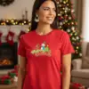Коледна дамска червена тениска с надпис “Merry Christmas“ и снежен човек