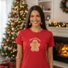 Коледна дамска червена тениска с надпис “Merry Christmas“ и коледна курабийка