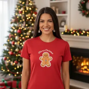 Коледна дамска червена тениска с надпис “Merry Christmas“ и коледна курабийка