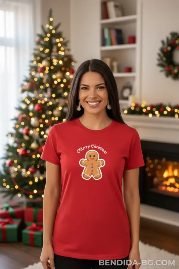 Коледна дамска червена тениска с надпис “Merry Christmas“ и коледна курабийка