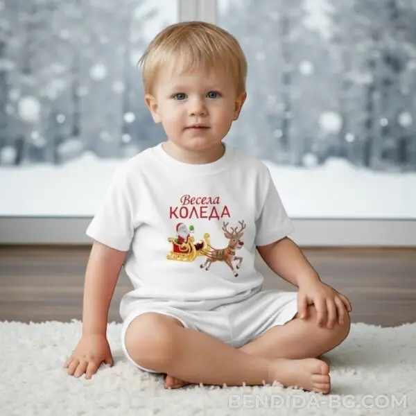 1761715319241881.jpg Коледна детска бяла тениска за момче и момиче с шейната на Дядо Коледа