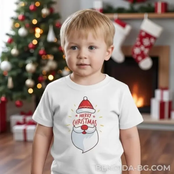 Коледна детска бяла тениска за момче и момиче с надпис “Merry Christmas“
