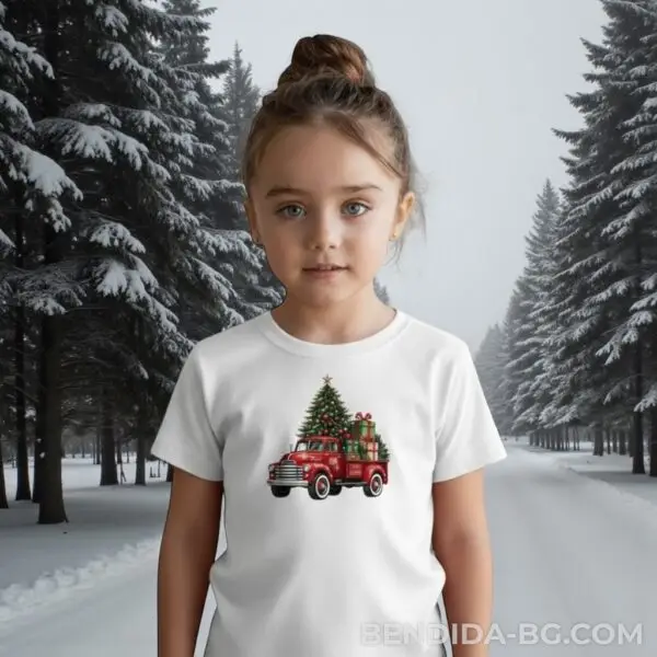 Коледна детска бяла тениска за момче и момиче с коледен камион