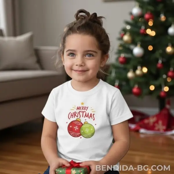 Коледна детска бяла тениска за момче и момиче с надпис “Merry Christmas“ и коледни топки