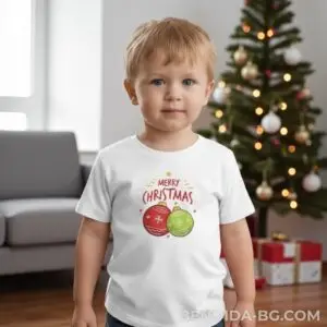 1761715347358673.jpg Коледна детска бяла тениска за момче и момиче с надпис “Merry Christmas“ и коледни топки