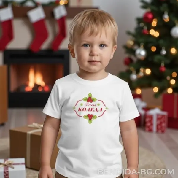 1761715347555811.jpg Коледна детска бяла тениска за момче и момиче с надпис 'Весела Коледа'