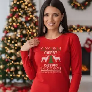 bluza-chervena-jena.jpg Коледна дамска червена блуза „Merry Christmas“ с цветна щампа