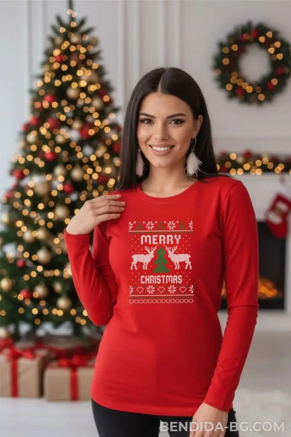 Коледна дамска червена блуза „Merry Christmas“ с цветна щампа