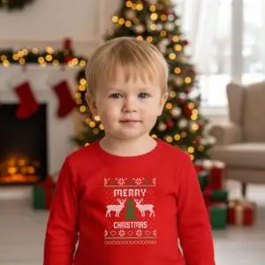 Детска коледна червена блуза „Merry Christmas“ с цветна щампа-за момиче и момче
