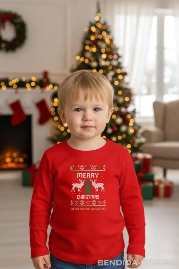 bluza-chervena-momche-scaled-1.jpg Детска коледна червена блуза „Merry Christmas“ с цветна щампа-за момиче и момче