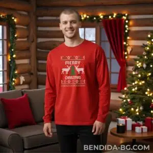 Коледна мъжка червена блуза с надпис „Merry Christmas“
