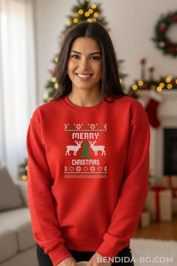 damska-vatena-bluza-scaled-1.jpg Коледна дамска ватирана червена блуза с празнично послание Merry Christmas
