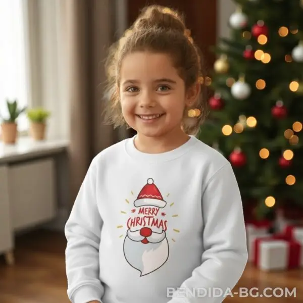 Детска коледна бяла ватирана блуза с надпис „Merry Christmas“- за момиче и момче