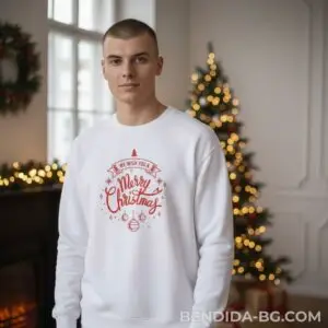 Коледна мъжка бяла ватирана блуза с „Merry Christmas“ надпис