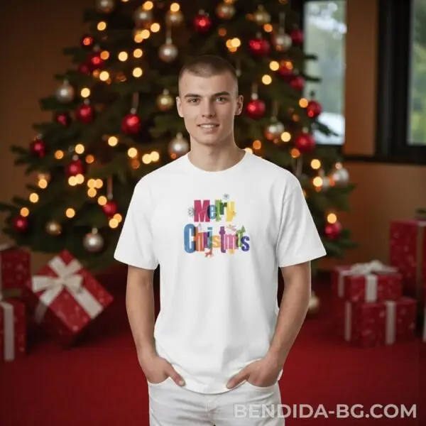 Коледна мъжка бяла тениска с надпис “Merry Christmas“