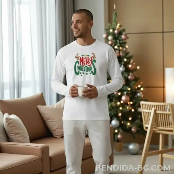 Коледна мъжка бяла блуза с надпис „Merry Christmas“ и рога на еленче