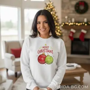 Коледна дамска ватирана бяла блуза с надпис „Merry Christmas“ и празнични играчки