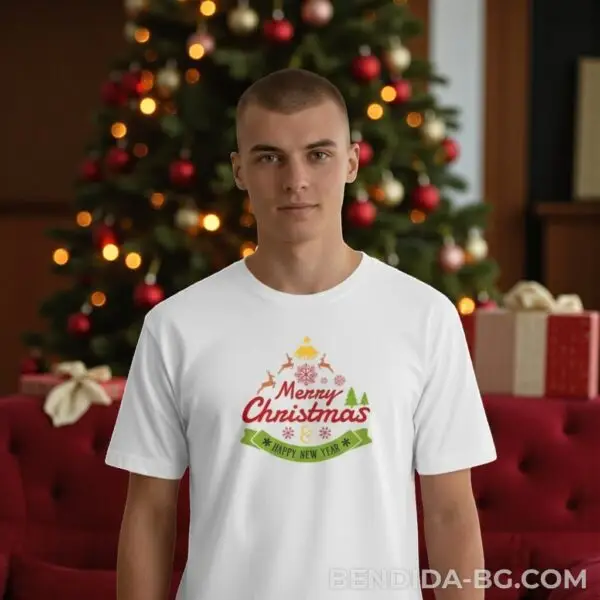 Коледна мъжка бяла тениска с надпис “Merry Christmas“