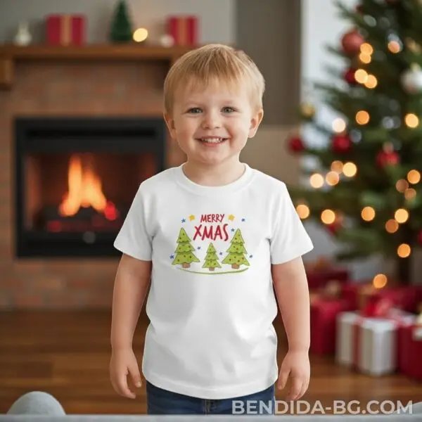Коледна детска бяла тениска за момче и момиче с надпис “Merry Xmas“