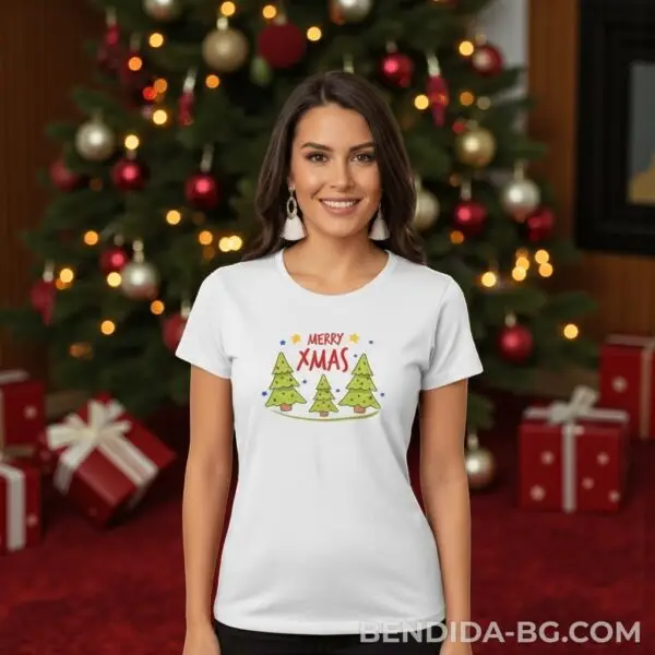 Коледна дамска бяла тениска с надпис ''Merry Xmas''