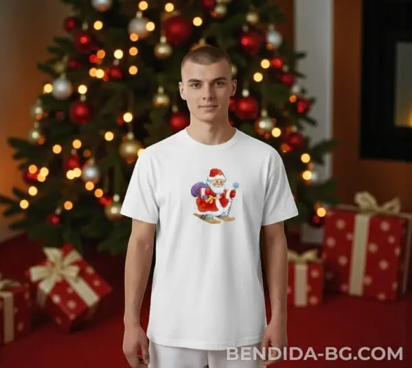 Коледна мъжка бяла тениска със Дядо Коледа на ски