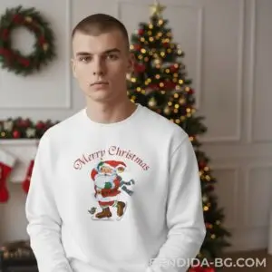 Коледна мъжка бяла ватирана блуза с Дядо Коледа и надпис „Merry Christmas“