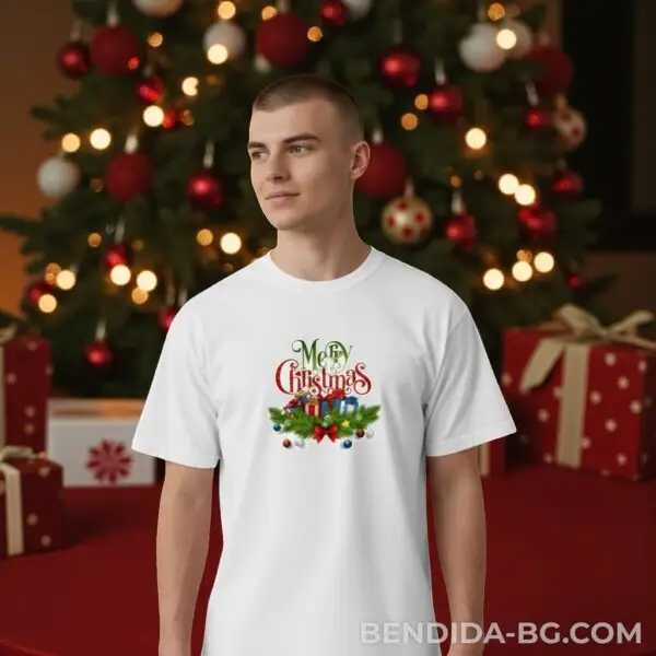 Коледна мъжка бяла тениска с надпис “Merry Christmas“