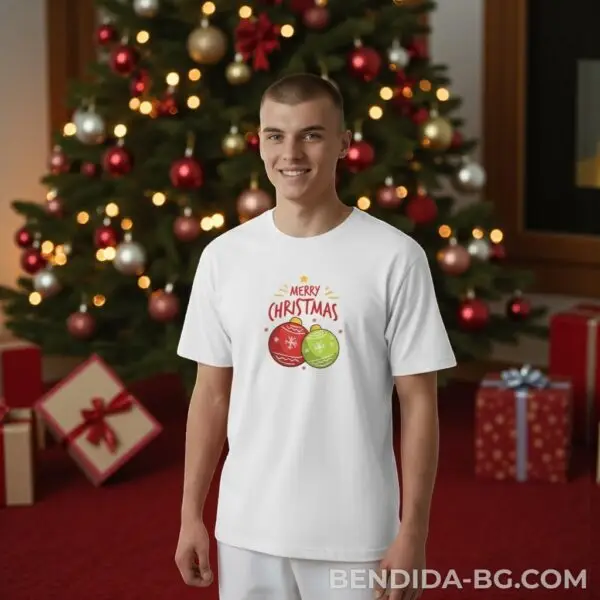 Коледна мъжка бяла тениска с надпис “Merry Christmas“