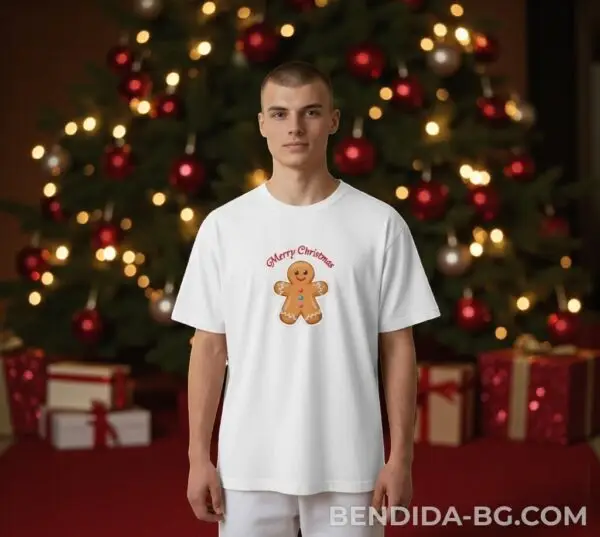 Коледна мъжка бяла тениска с бисквитка и  надпис “Merry Christmas“