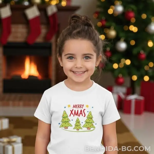 Коледна детска бяла тениска за момче и момиче с надпис “Merry Xmas“