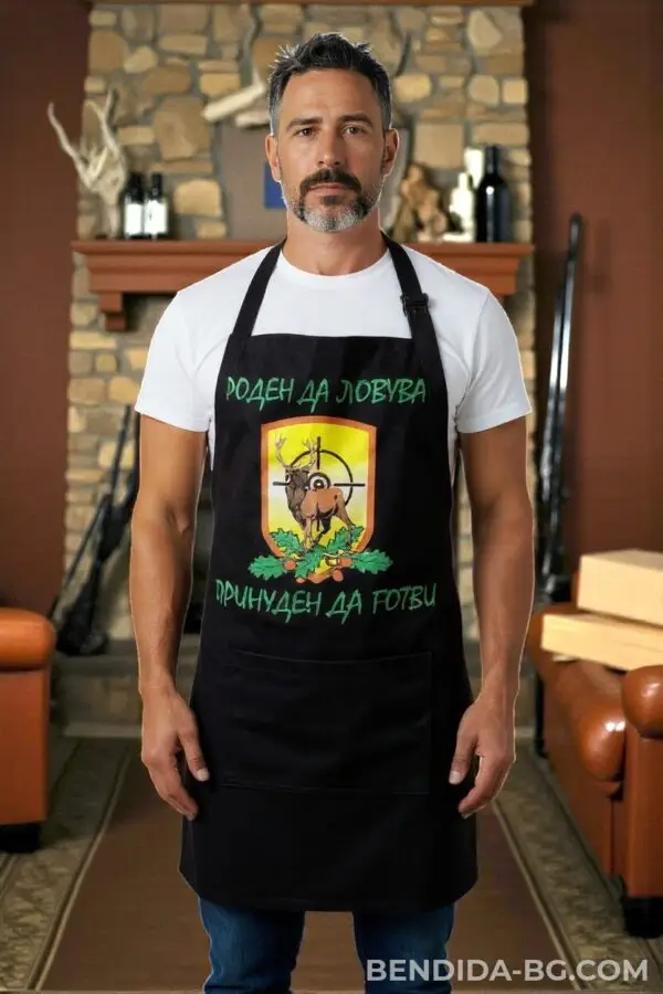 lovna-prestilka.jpg Готварска престилка за ловджии „Роден да ловува, принуден да готви“