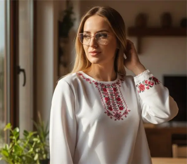 Стилна къса дамска риза с фолклорни мотиви