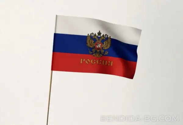 Знаме на Русия с герб и дървена дръжка – 16/22 см.