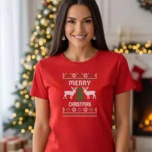 teniska-damska.jpg Коледна дамска червена тениска с надпис “Merry Christmas“
