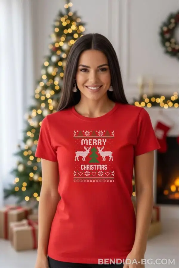 teniska-damska.jpg Коледна дамска червена тениска с надпис “Merry Christmas“