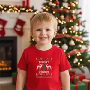teniska-momche-scaled-1.jpg Коледна детска червена тениска за момче и момиче с надпис “Merry Christmas“