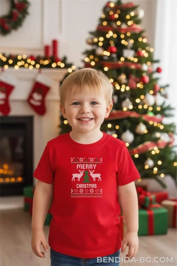 teniska-momche-scaled-1.jpg Коледна детска червена тениска за момче и момиче с надпис “Merry Christmas“