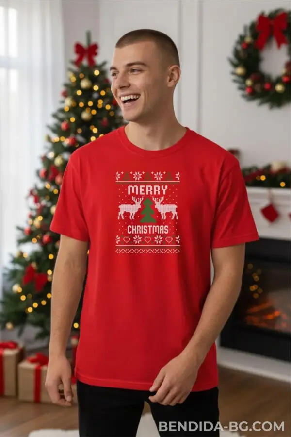 teniska-mujka.jpg Коледна мъжка червена тениска с надпис “Merry Christmas“