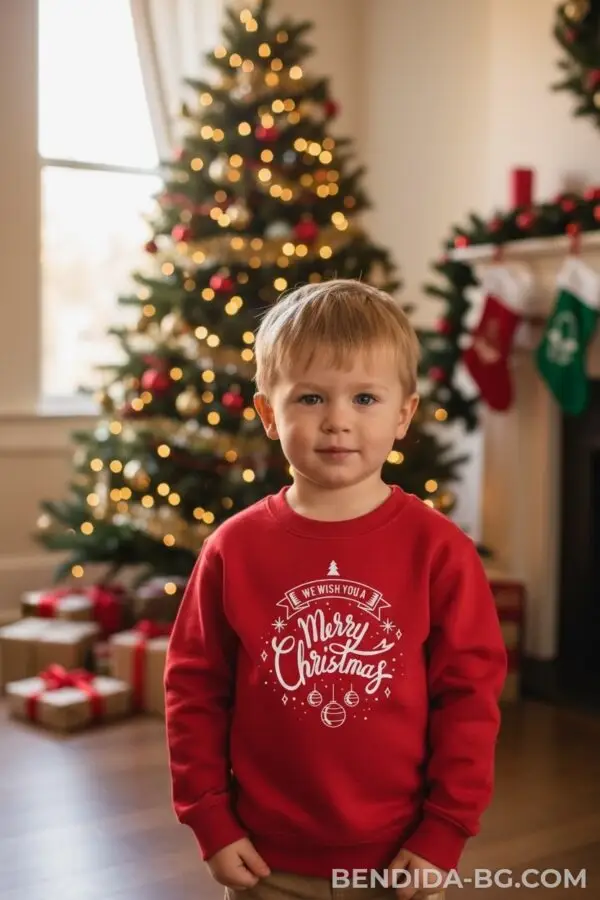Детска коледна червена ватирана блуза с надпис „Merry Christmas“- за момиче и момче