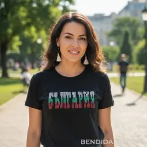 Дамска черна тениска с надпис от камъни "БЪЛГАРИЯ"