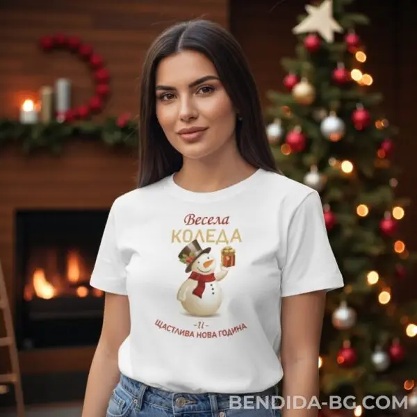 Коледна дамска бяла тениска със снежен човек
