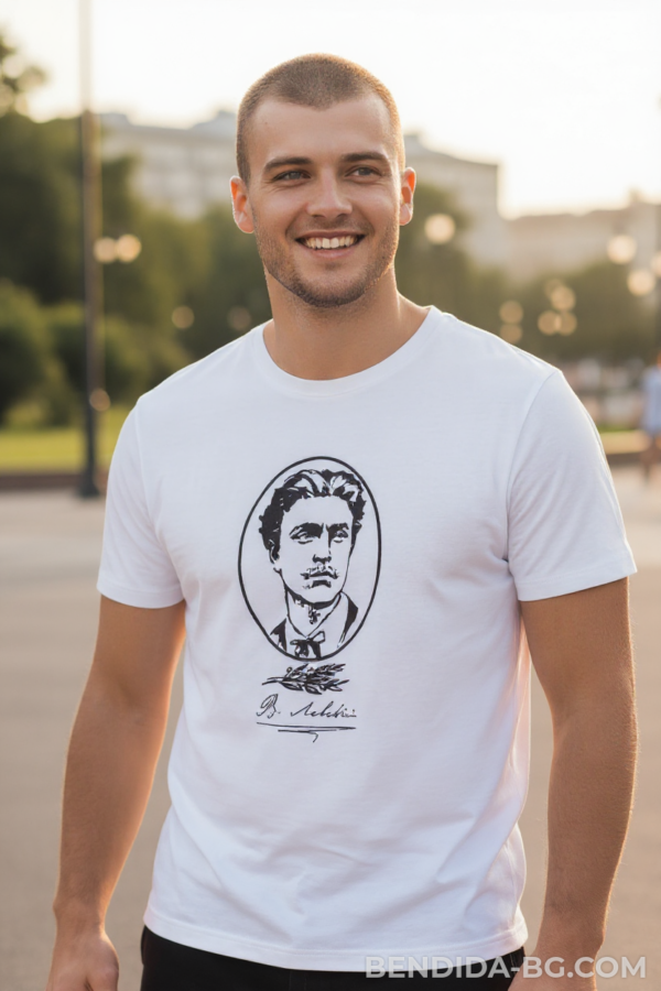 Мъжка бяла тениска с лика на Васил Левски